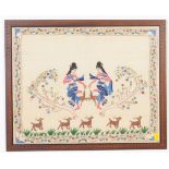 VINTAGE FRAMED AND GLAZED INDIAN DANCING & DOGS EMBROIDERY