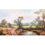 LARGE LATE 20TH CENTURY OIL ON CANVAS COUNTRY SCENE PAINTING