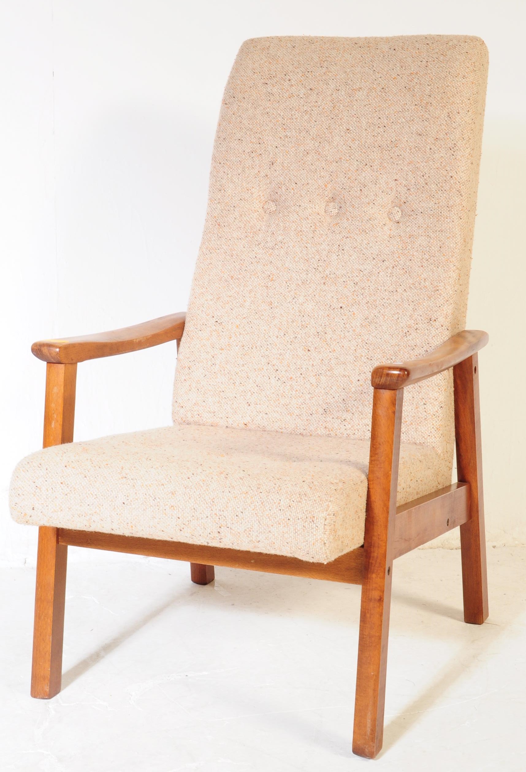 MID 20TH CENTURY TEAK WOOD BEIGE FABRIC ARMCHAIR