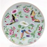 19TH CENTURY CANTON FAMILLE ROSE CELADON ENAMELLED PLATE