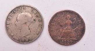 GEORGE II 1754 FARTHING COIN T/W JAMAICA 1889 SILVER HALF PENNY