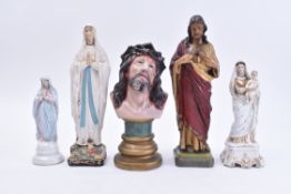 COLLECTION OF TWO PORCELAIN & THREE GESSO RELIGIOUS FIGURES