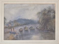 20TH CENTURY PASTEL LANDSCAPE DRAWING OF BOATS ON A RIVER