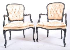 PAIR AESTHETIC MOVEMENT EBONISED FAUX BAMBOO ARMCHAIRS