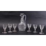 EARLY 19TH CENTURY CLARET JUG WITH 6 CUT GLASS DRAM GLASSES