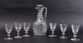 EARLY 19TH CENTURY CLARET JUG WITH 6 CUT GLASS DRAM GLASSES