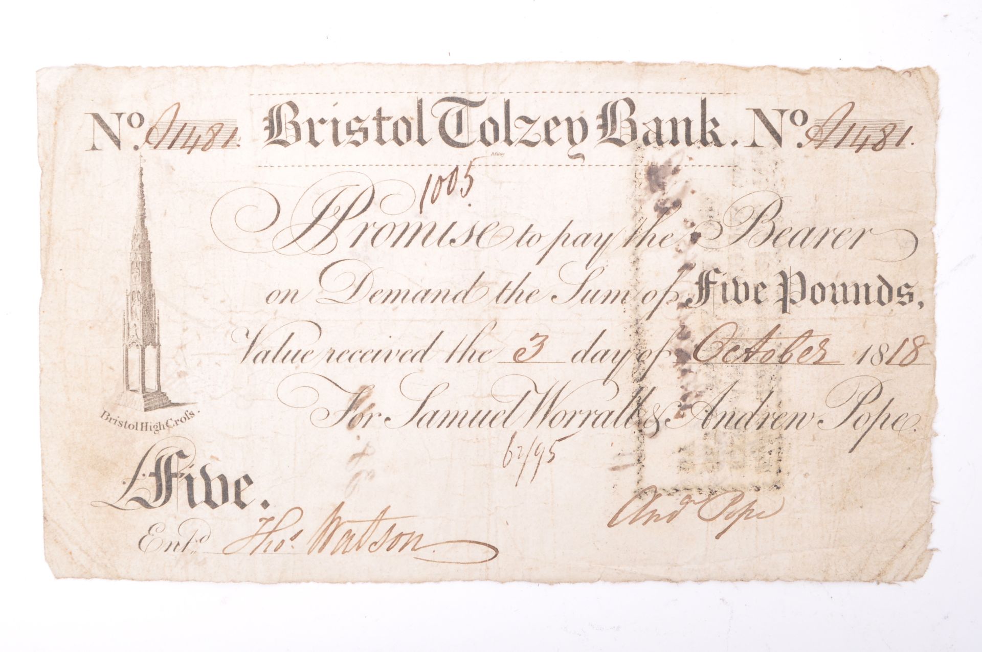 1818 BRISTOL TOLZEY BANK FIVE POUND NOTE - ANDREW POPE