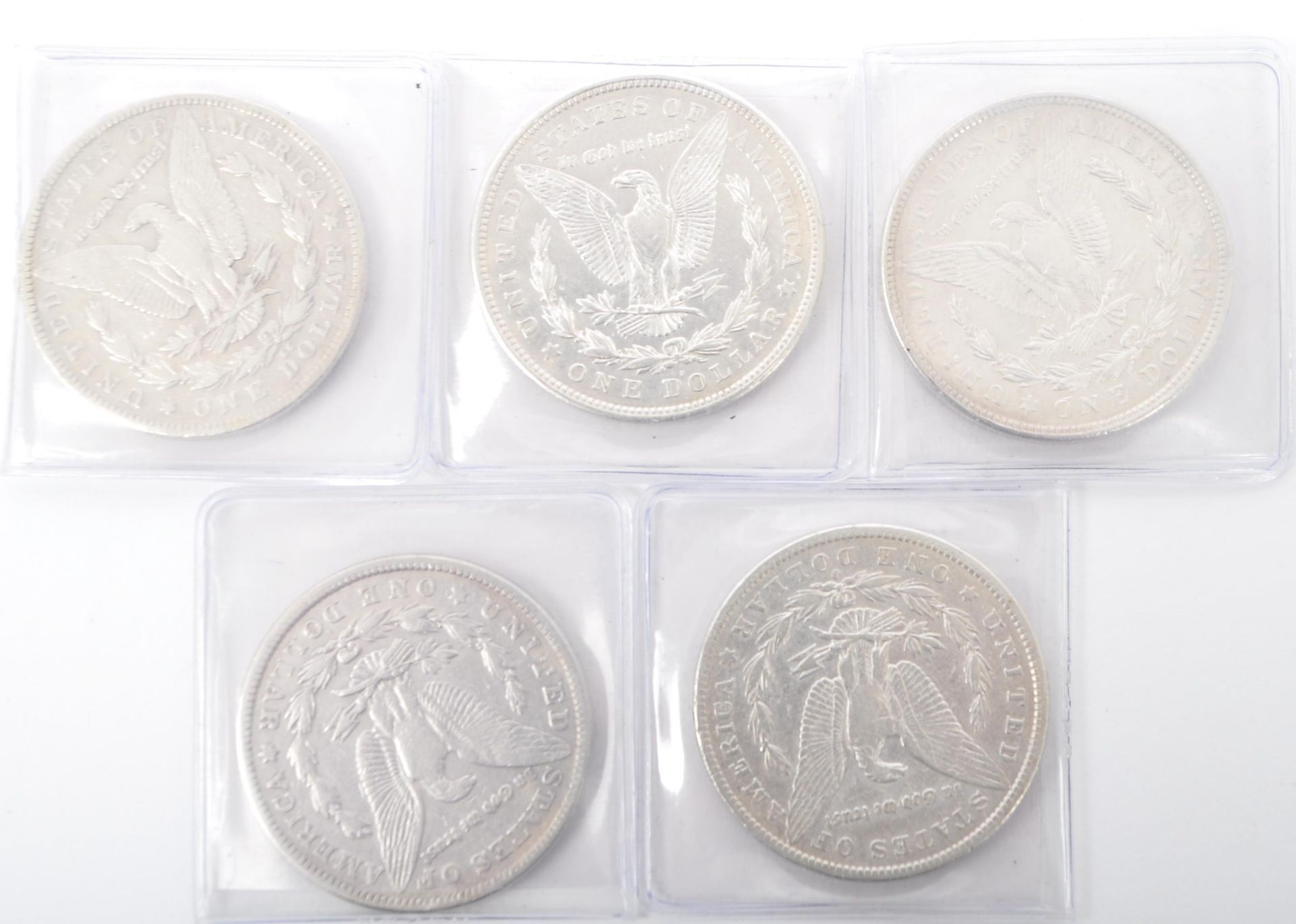 1891, 1900 & 1921 FIVE MORGAN AMERICAN SILVER DOLLARS - Image 2 of 4