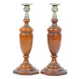 PAIR OF EARLY 20TH CENTURY WOOD & SILVER PLATE CANDLESTICKS