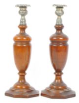 PAIR OF EARLY 20TH CENTURY WOOD & SILVER PLATE CANDLESTICKS