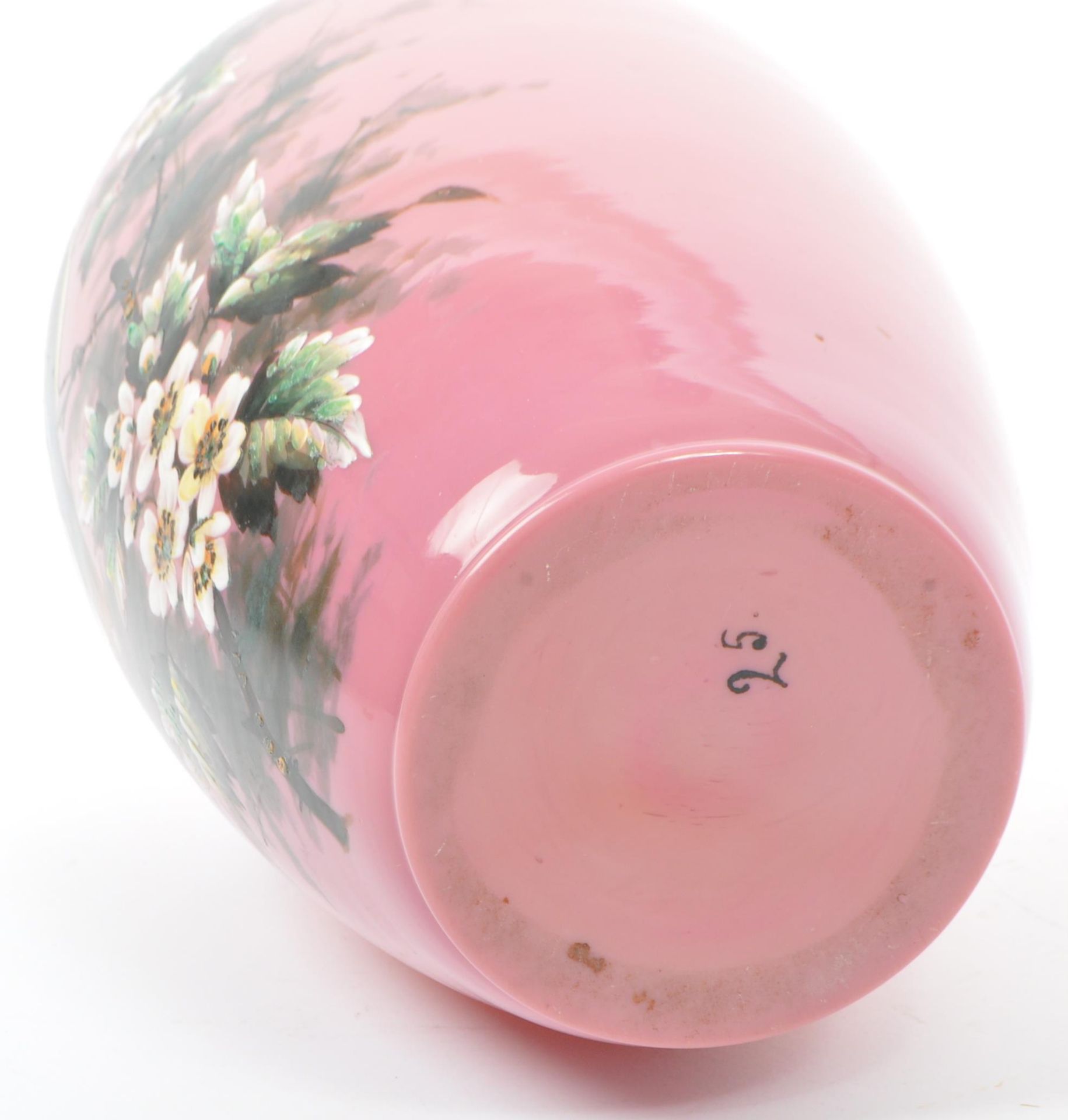 19TH CENTURY PINK OPALINE GLASS PAINTED VASE & BRIDES BASKET - Image 5 of 7
