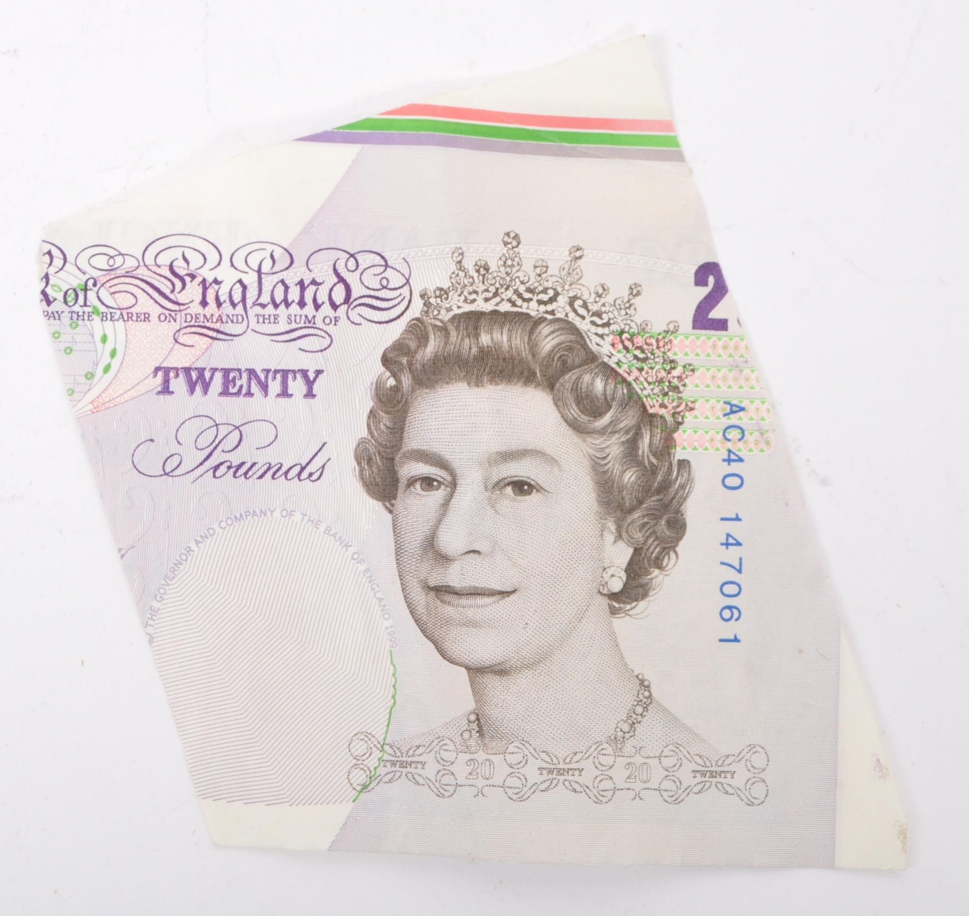 A MISS-CUT DEFECTIVE BANK OF ENGLAND £20 NOTE