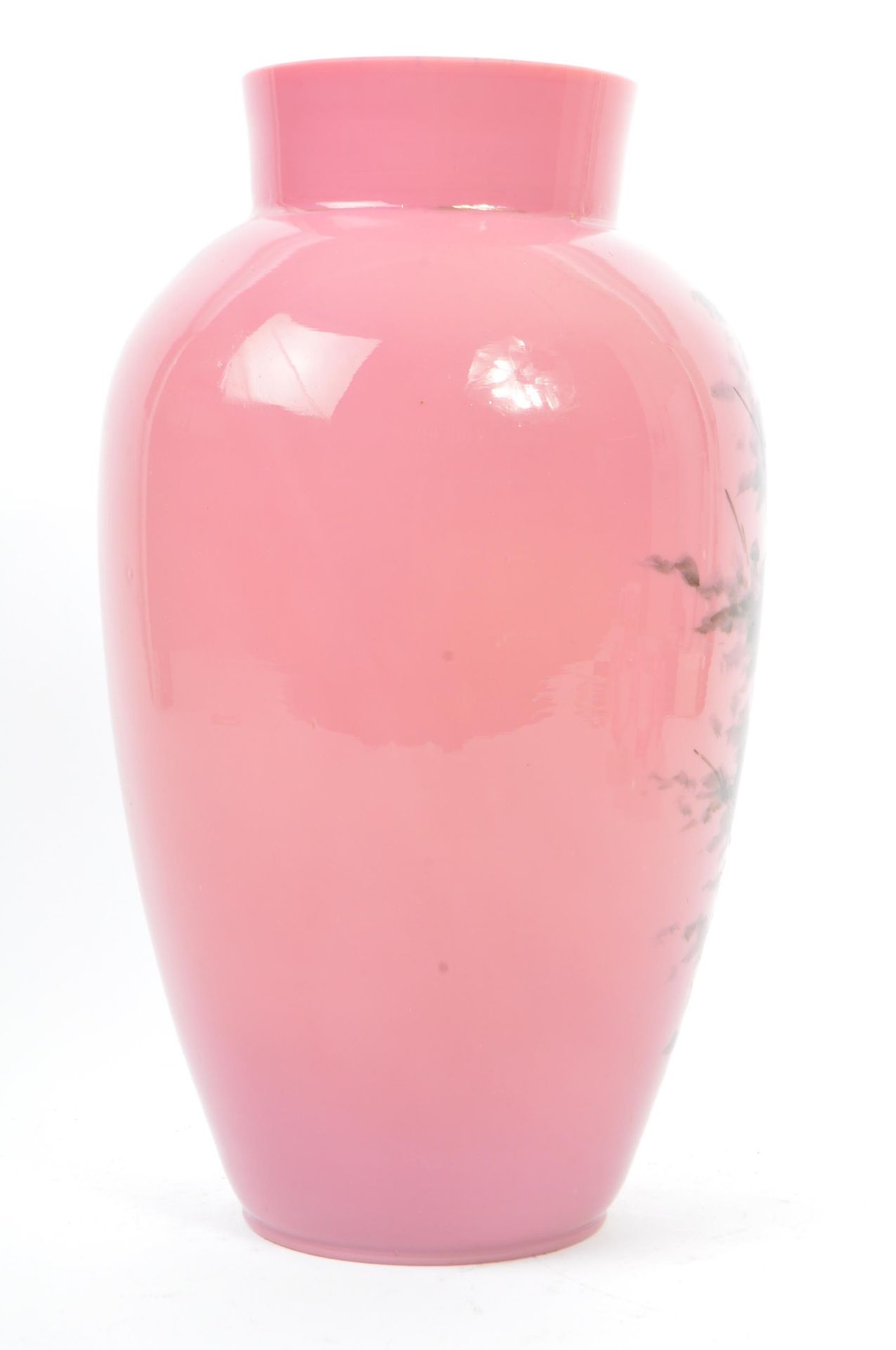 19TH CENTURY PINK OPALINE GLASS PAINTED VASE & BRIDES BASKET - Image 3 of 7