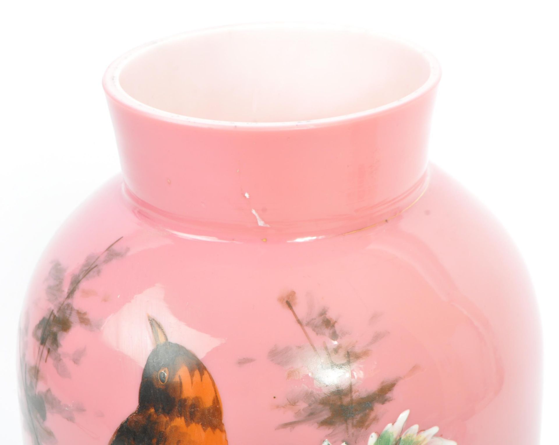 19TH CENTURY PINK OPALINE GLASS PAINTED VASE & BRIDES BASKET - Image 4 of 7