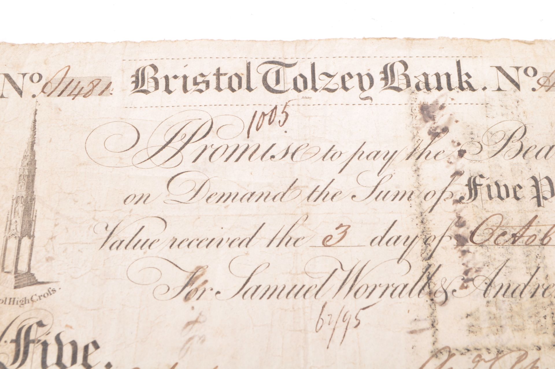 1818 BRISTOL TOLZEY BANK FIVE POUND NOTE - ANDREW POPE - Image 8 of 8