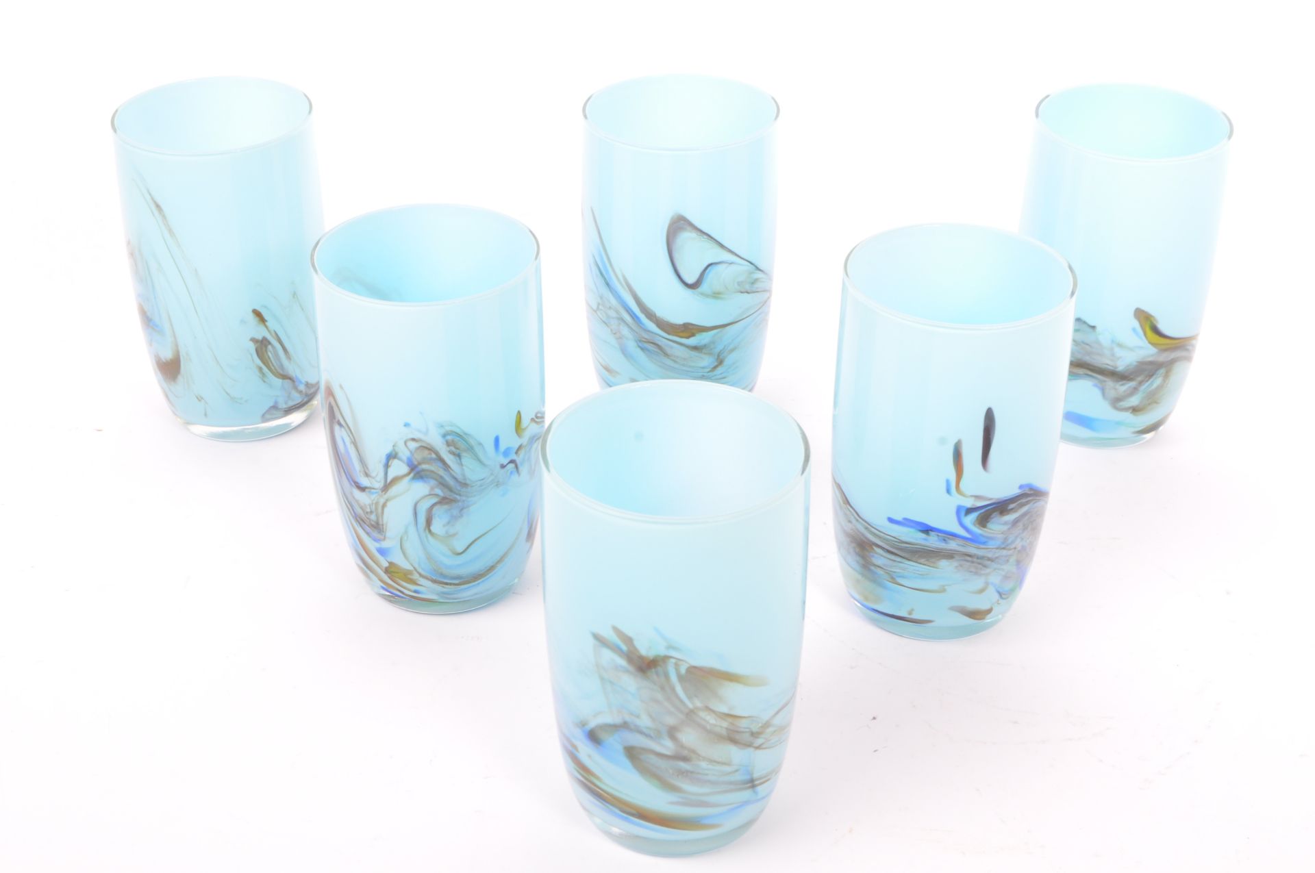 PALE BLUE HAND BLOWN GLASS LEMONADE JUG & SIX TUMBLERS - Image 3 of 7