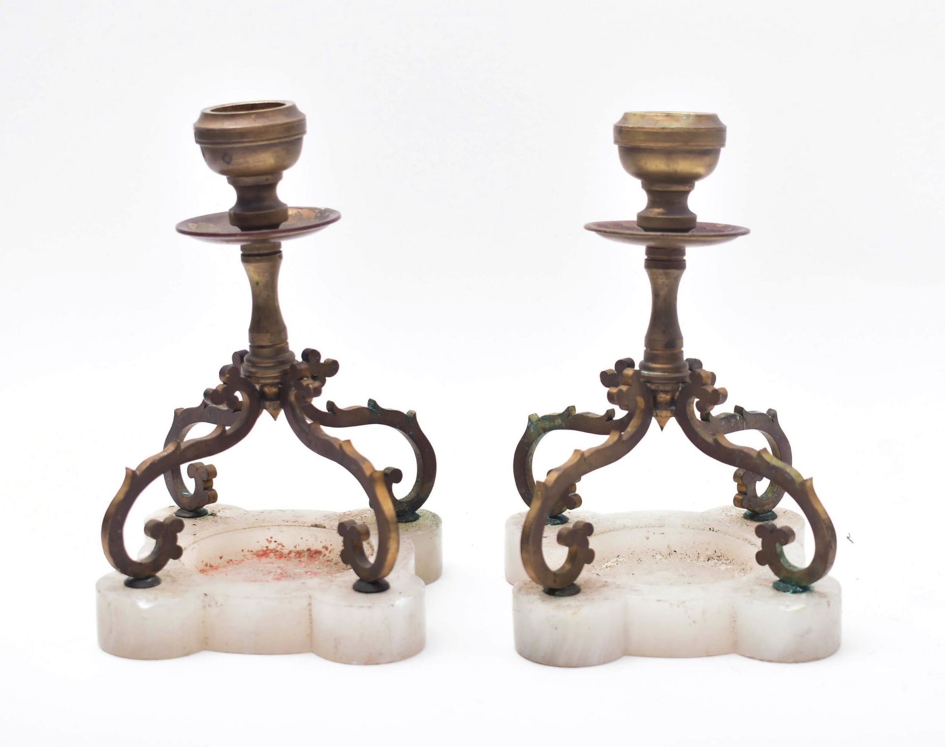 PAIR OF EARLY 20TH CENTURY BRASS & ONYX BASE CANDLESTICKS