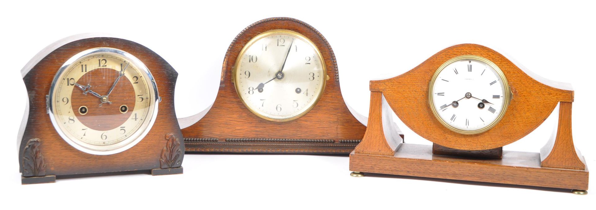 THREE EDWARDIAN & LATER OAK MANTEL CLOCKS