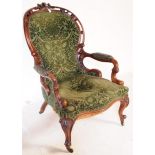 VICTORIAN MAHOGANY CARVED DAMASK SPOONBACK ARMCHAIR
