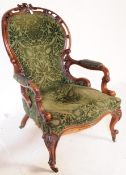 VICTORIAN MAHOGANY CARVED DAMASK SPOONBACK ARMCHAIR
