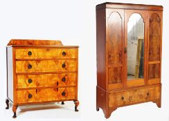 1930S QUEEN ANNE REVIVAL WALNUT CHEST OF DRAWERS & WARDROBE