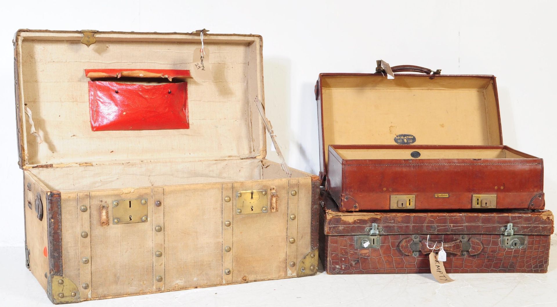 EDWARDIAN 1900S CANVAS DOMED CHEST & TWO SUITCASES