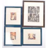 FOUR RUSSIAN FEMALE NUDE PAINTINGS - ETCHING & WATERCOLOUR