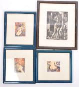 FOUR RUSSIAN FEMALE NUDE PAINTINGS - ETCHING & WATERCOLOUR