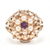 HALLMARKED 9CT GOLD AMETHYST & PEARL DOME CLUSTER RING