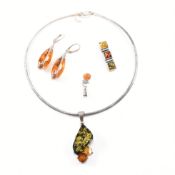 COLLECTION OF SILVER & AMBER JEWELLERY
