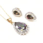 HALLMARKED 9CT GOLD MYSTIC TOPAZ & DIAMOND NECKLACE & EARRING SUITE