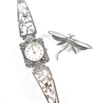 HALLMARKED SILVER & MARCASITE WATCH & DRAGONFLY BROOCH