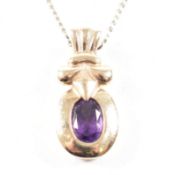 9CT GOLD FINE LINED NECKLACE & AMETHYST PENDANT