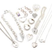 COLLECTION OF 925 SILVER & WHITE METAL HEART JEWELLERY