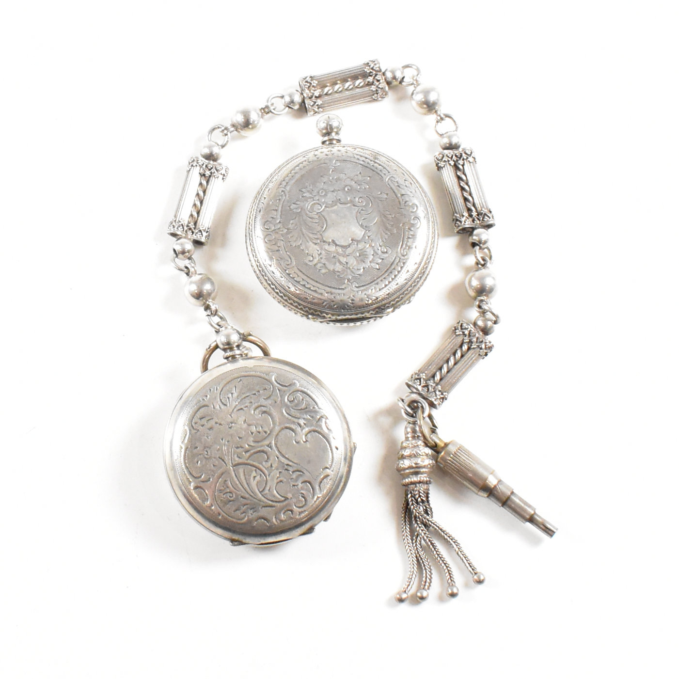 ANTIQUE FINE & 800 SILVER POCKET WATCHES & WHITE METAL ALBERTINE CHAIN - Image 9 of 10