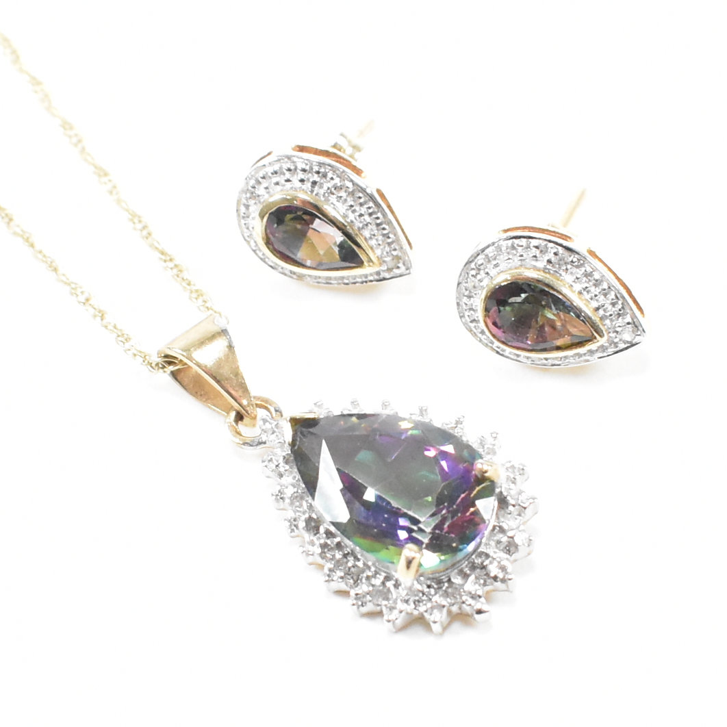 HALLMARKED 9CT GOLD MYSTIC TOPAZ & DIAMOND NECKLACE & EARRING SUITE - Image 2 of 8