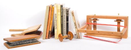 COLLECTION OF WOOL SPINNING ACCESSORIES & BOOKS