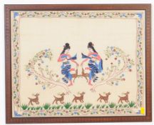 VINTAGE FRAMED AND GLAZED INDIAN DANCING & DOGS EMBROIDERY