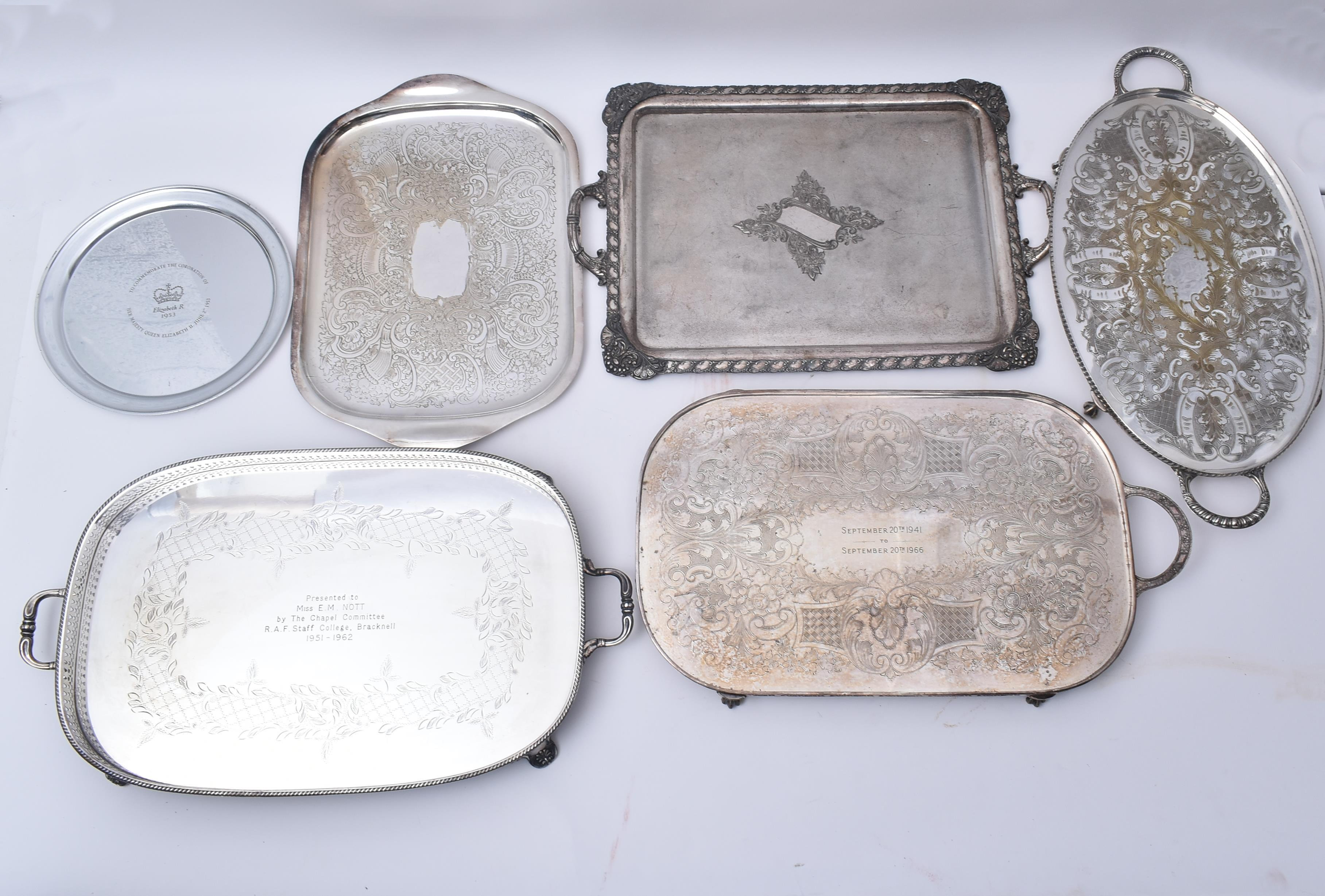 COLLECTION OF SIX EARLY-MID 20TH CENTURY SILVER PLATED TRAYS