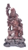 CHINESE HANDCARVED HARDWOOD FIGURE OF SHOU WITH CHILD