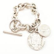 ANTIQUE WHITE METAL CHAIN BRACELET WITH FRENCH COIN CHARMS