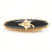ANTIQUE YELLOW METAL ONYX & SEED PEARL MOURNING BROOCH