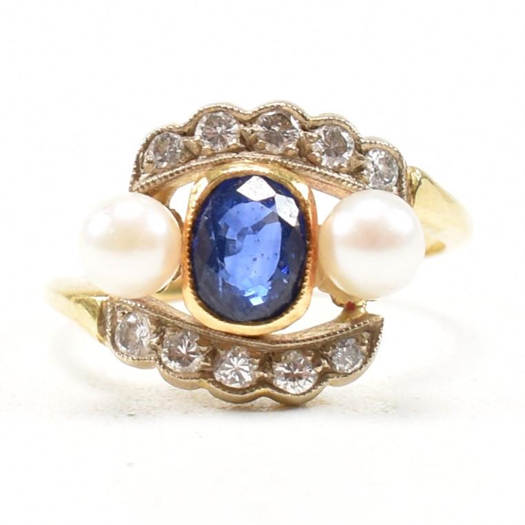SAPPHIRE DIAMOND & PEARL CLUSTER CROSSOVER RING