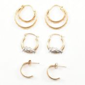 THREE PAIRS OF 9CT BICOLOUR GOLD & YELLOW METAL HOOP EARRINGS