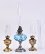 TWO VINTAGE FRENCH BLUE GLASS OIL LAMPS & PAIR OF OTHERS