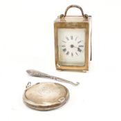 SILVER CASED FRENCH CLOCK BUTTON HOOK & COMPACT