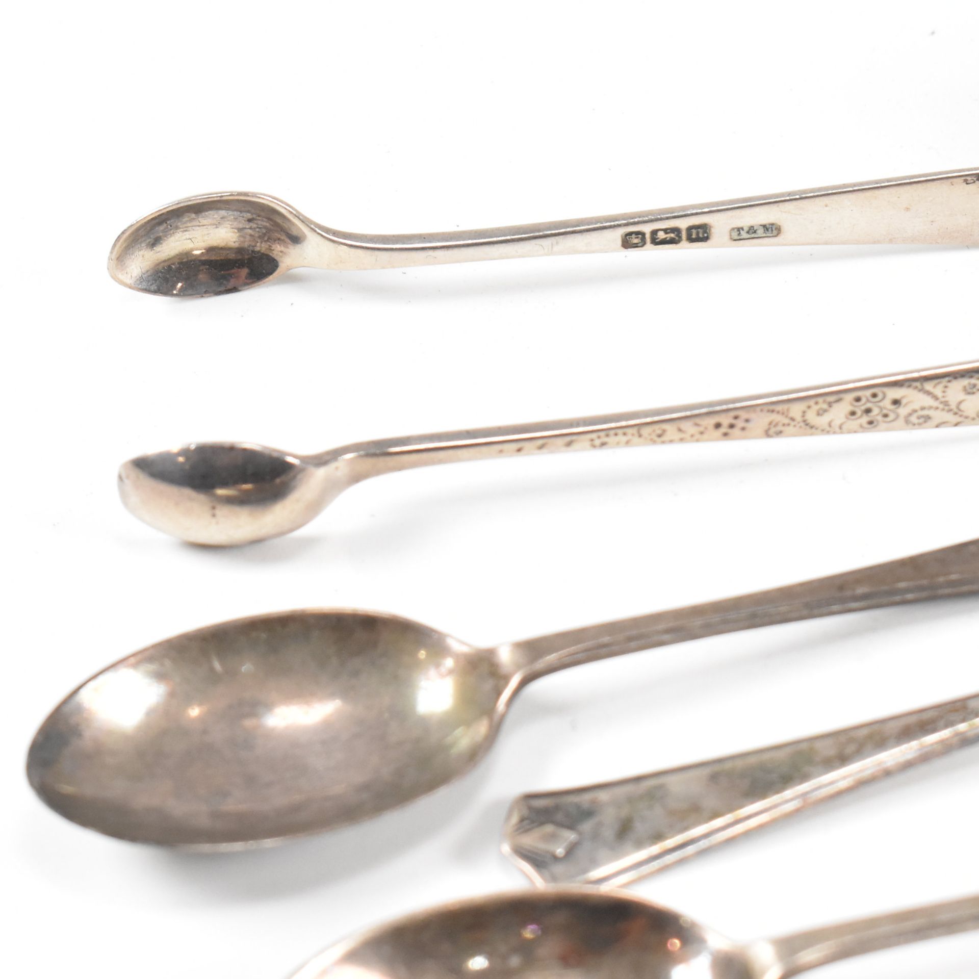 COLLECTION OF HALLMARKED SILVER ITEMS SPOONS SUGAR TONGS - Image 6 of 11