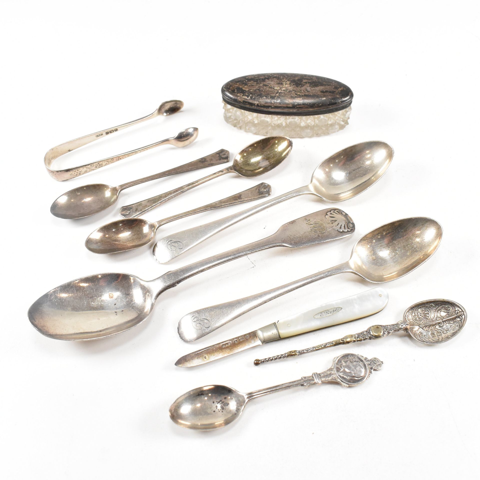 COLLECTION OF HALLMARKED SILVER ITEMS SPOONS SUGAR TONGS - Image 2 of 11