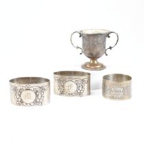 HALLMARKED SILVER NAPKIN RINGS & TROPHY