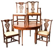 19TH CENTURY GEORGE III MAHOGANY D-END TABLE AND CHAIRS